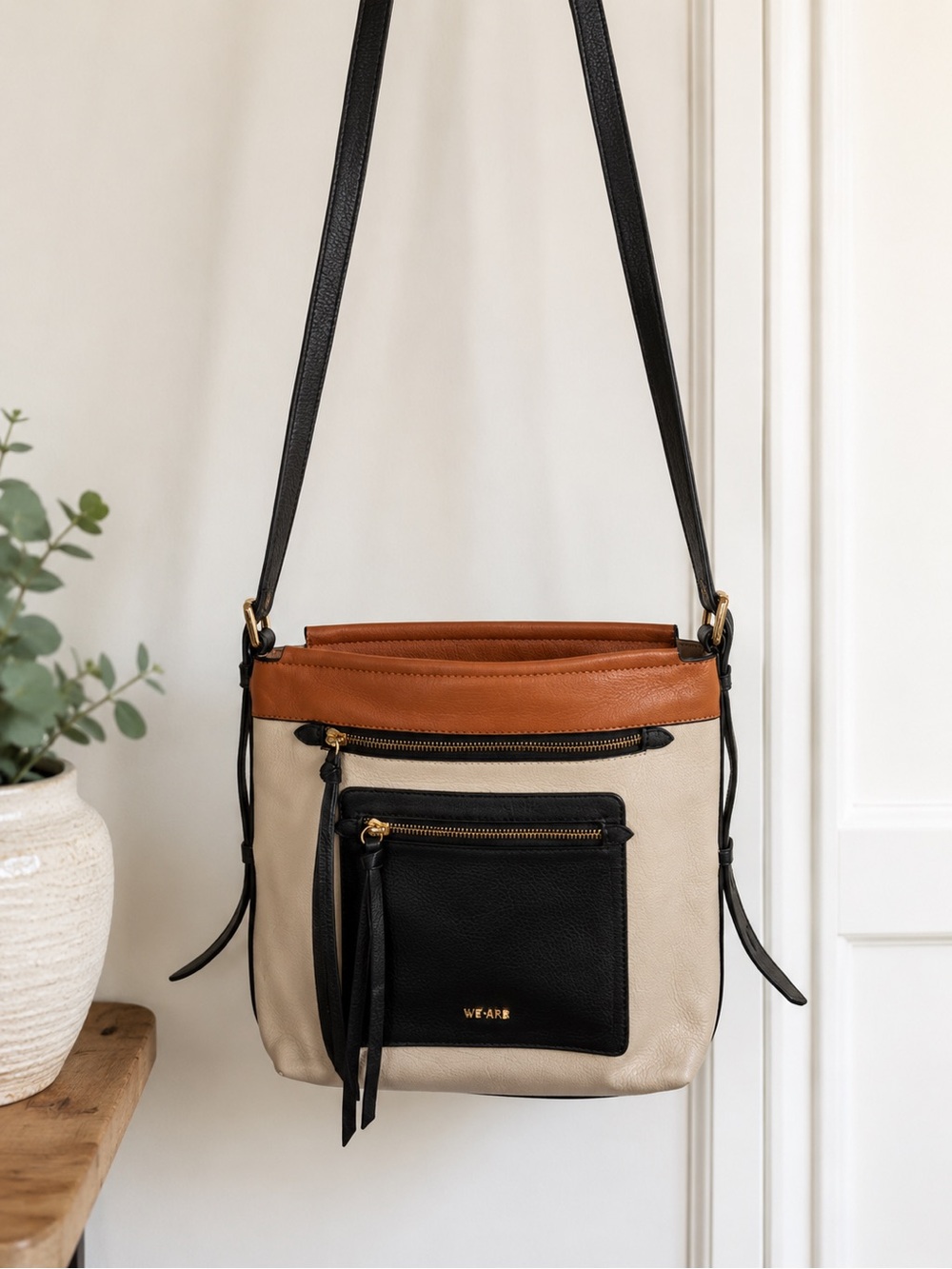 Lodis 100% Leather Colorblock Crossbody Bag Adjustable Strap Multi Pocket Purse